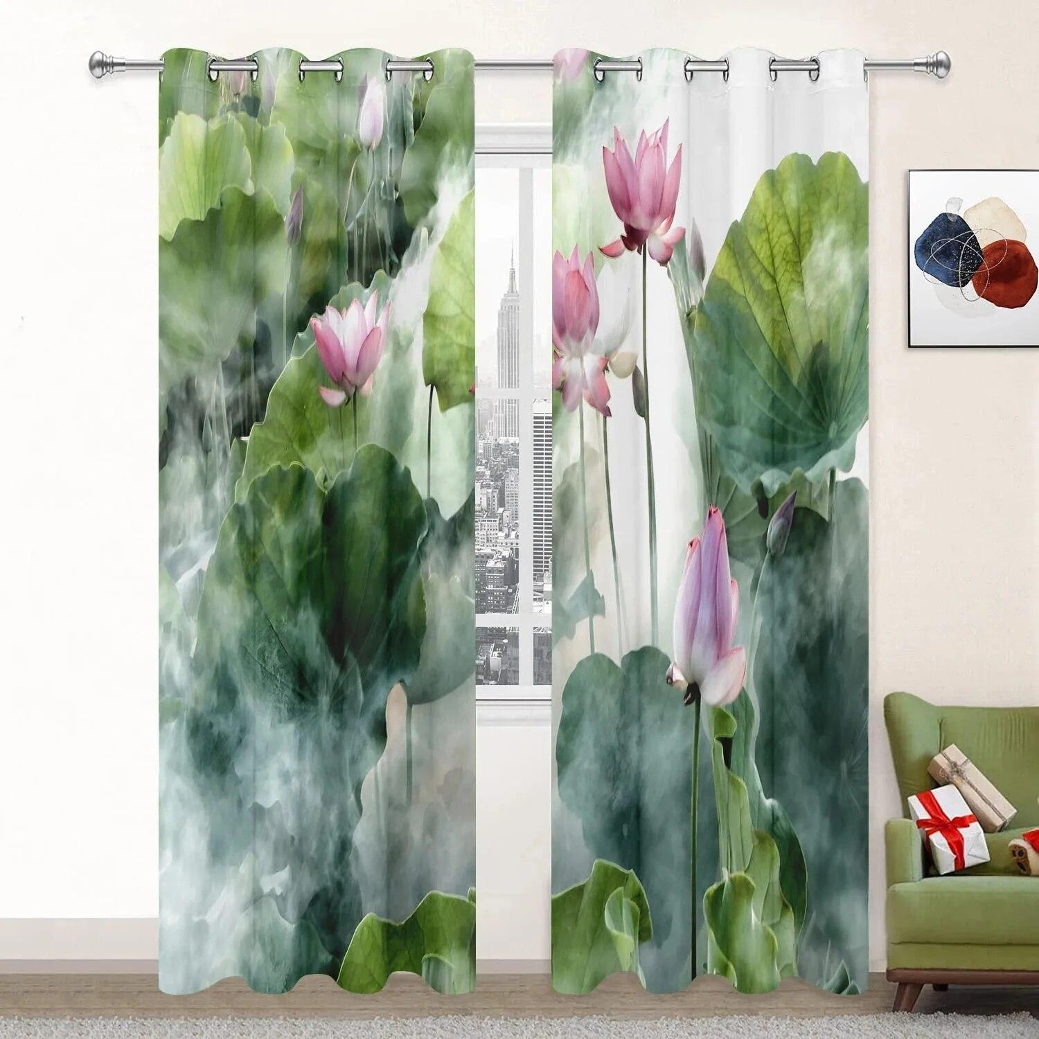 

Lotus Curtains For Living Room Thick High Shading Window Curtain Aesthetic Bedroom Decor Scenery Landscape W50xH130(CM)x2PCS-Rod pocket