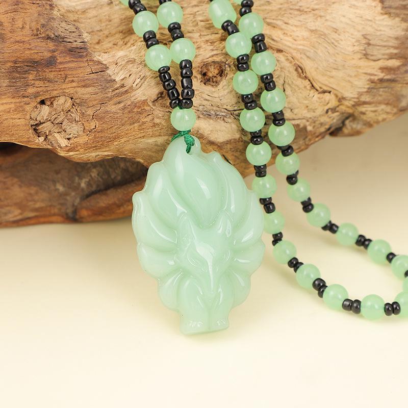 Medium Long Pink Crystal Nine-Tailed Fox Necklace with Green Chalcedony Jade Pendant