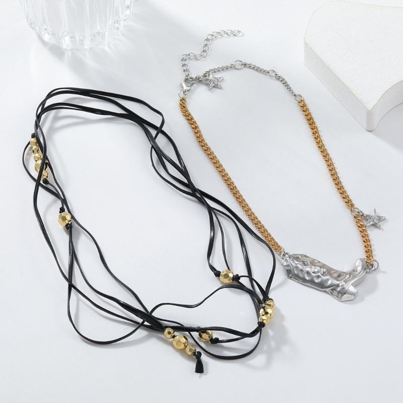 Retro Multi Layered Cowgirl Necklace Modern Cowgirl Necklace Featuring Layered Chains and Boots Pendant for Gathering