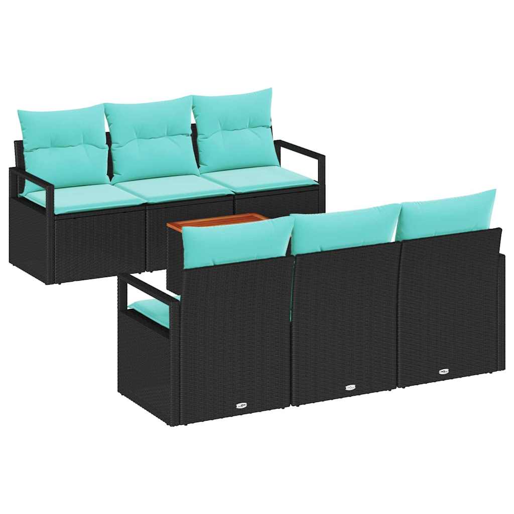 7 piece Garden Sofa Set with Cushions Black Poly Rattan