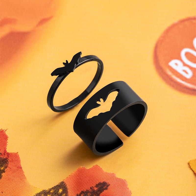 2 Pcs/Set Punk Bat Matching Rings Black Silver Plated Stainless Steel Couple Ring Halloween Jewelry Gifts