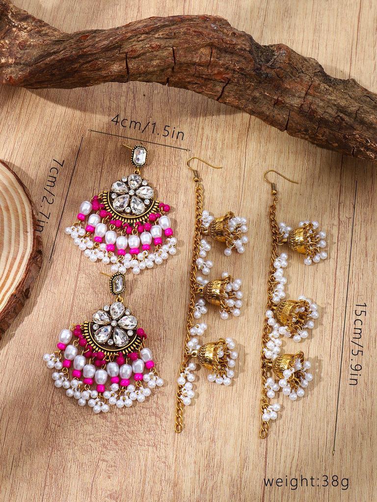 Bohemian Ethnic Rhinestone Flower Bell Earring & Hair Chain Set