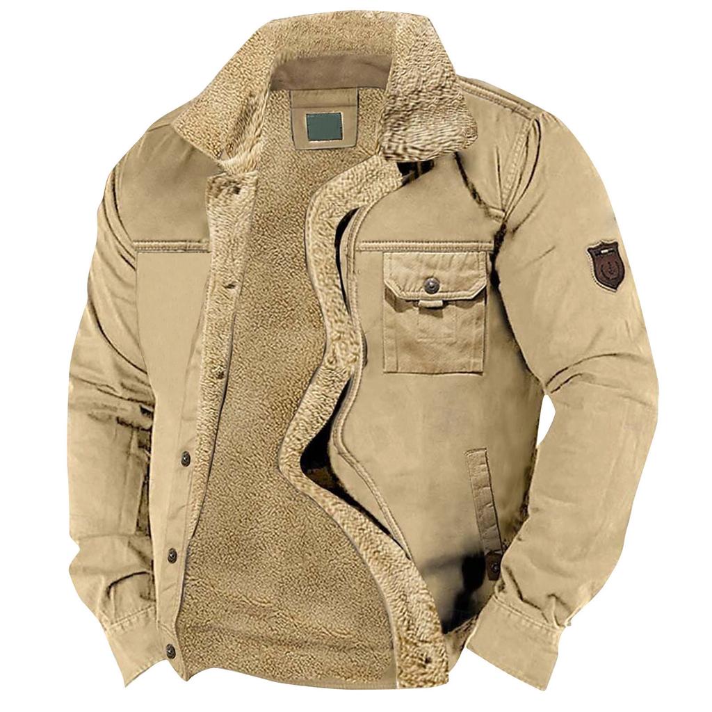 Men's Solid Color Fleece Workwear Casual Loose Button Lapel Pocket Long Sleeve Jacket Shirt