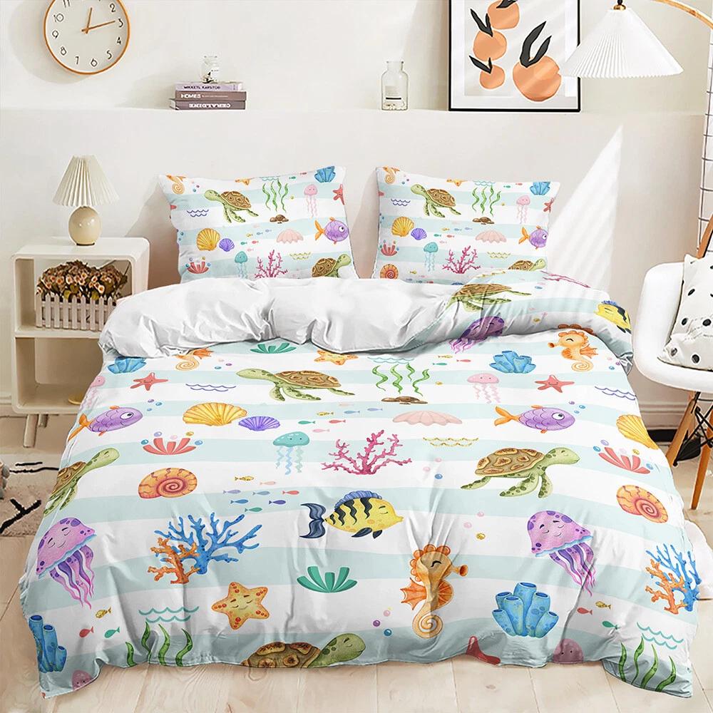 

Underwater Animals Bedding Set Kid Gift Full Size Ocean Theme Duvet Cover Pillowcase 2/3pc Queen Double King Bedroom Home Decoration Baby 100x135cm
