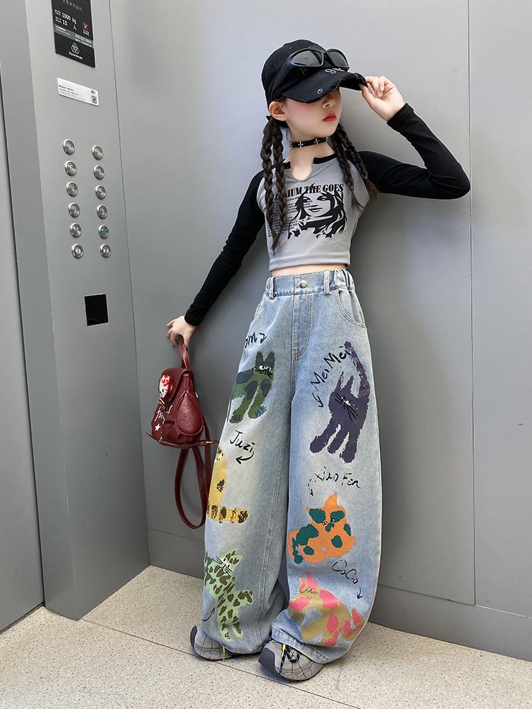 Girls' Graffiti Wide-Leg Jeans - Spring/Autumn Casual Fashion Pants