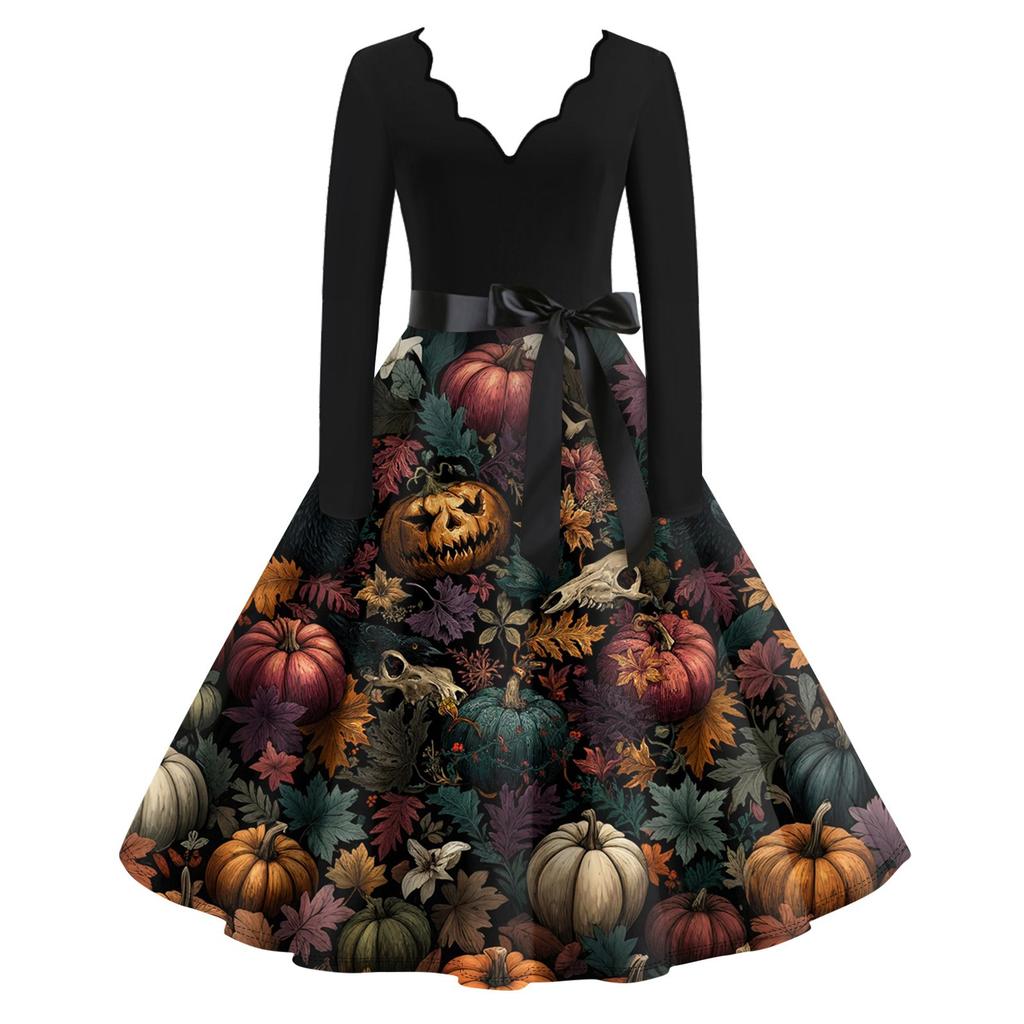 Women's Casual Fashion Long Sleeve Halloween Graphic Printed Vintage Long Dresses