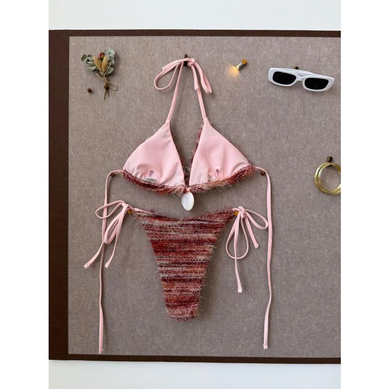 Sexy Coffee Striped Micro Bikini 2026 Women Towel Cloth Circle Push Up Bra Tie Side Thong Swimsuit Bathing Suit Holiday Swimwear