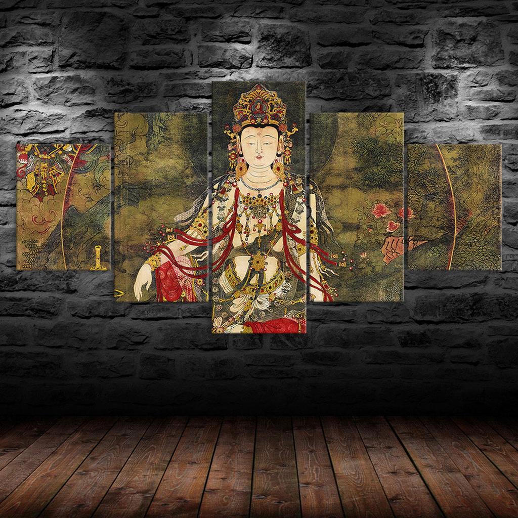 Tibetan Buddha Statue Abstract Art 5 Piece Five Panel Wall Canvas Print Modern Poster Picture Home Decor Gift For Him Her