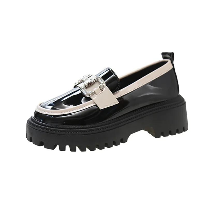 Women's British Style Loafers 35-40 Round Head Square Heel Color Blocking Thick Bottom Leather Shoes Comfortable Commuting Shoes