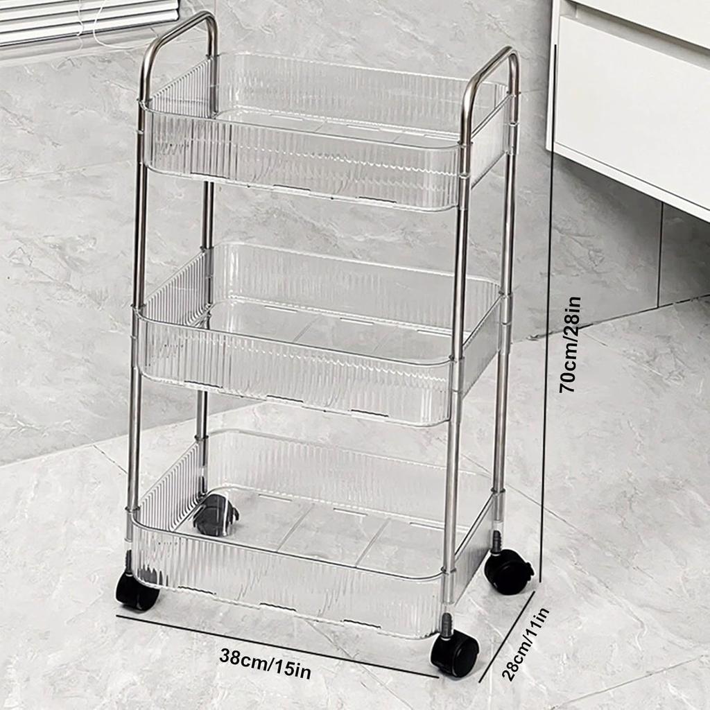 Acrylic Rolling Utility Cart, Clear Storage Carts with Wheels,Mobile Trolley Cart with Handle and 2 Hanging Baskets,Multifunctional Storage Organizer