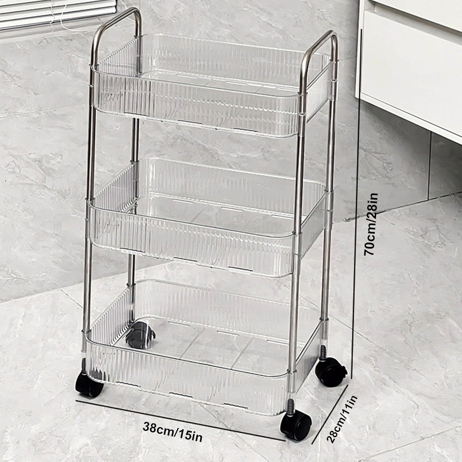 

Acrylic Rolling Utility Cart, Clear Storage Carts with Wheels,Mobile Trolley Cart with Handle and 2 Hanging Baskets,Multifunctional Storage Organizer 3-Tier