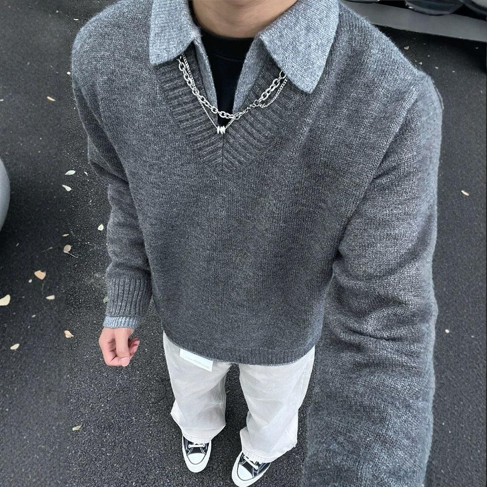 Old money wind fake two v-neck sweater men's autumn high-end American retro knitted Polo bottoming shirt