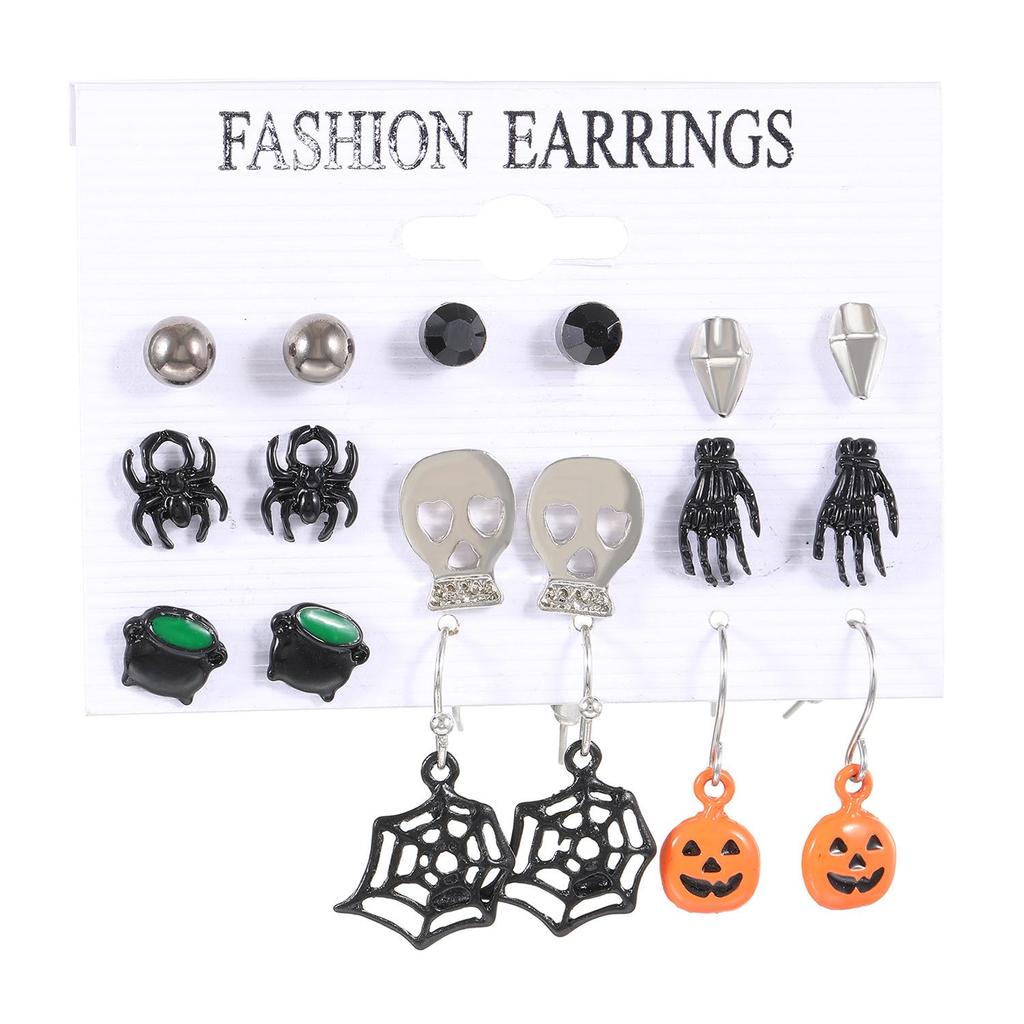 Cross-Border Halloween Earrings Set: Ghost, Pumpkin, Witch, Skeleton, Spider, Black Cat, Bat, Spider Web Ear Studs