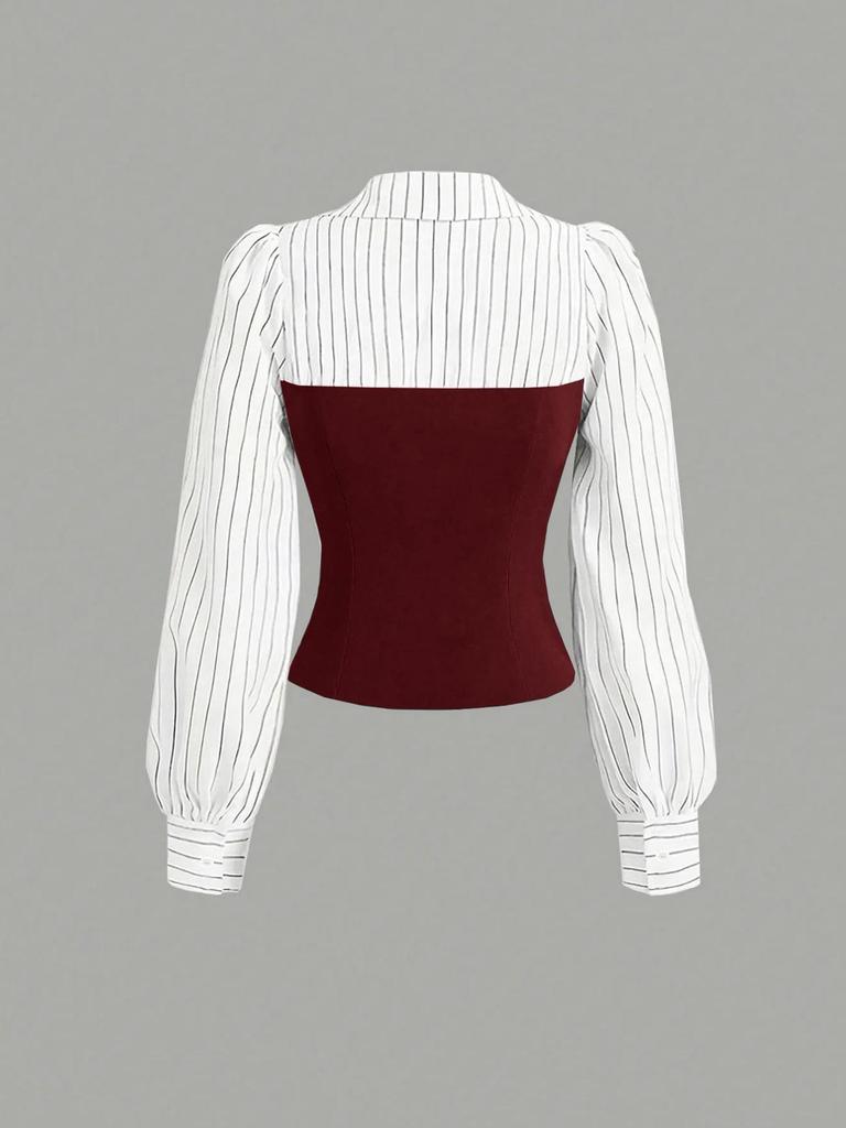 Completo 2 pezzi stile europeo da donna 2026: camicia a V con patchwork in vita e pantaloni