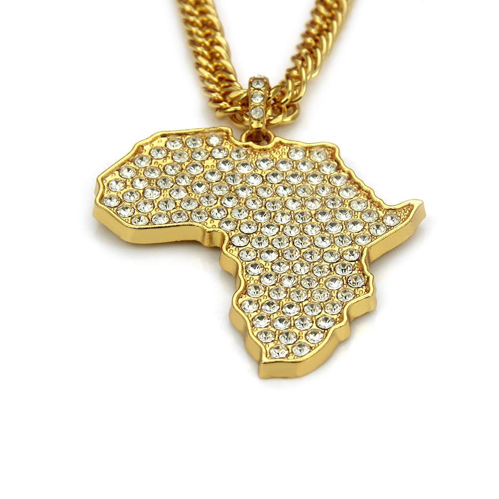 Nový náhrdelník v evropském a americkém stylu Hip Hop Afrika Mapa náhrdelník Úplný diamantový přívěsek módní náhrdelník