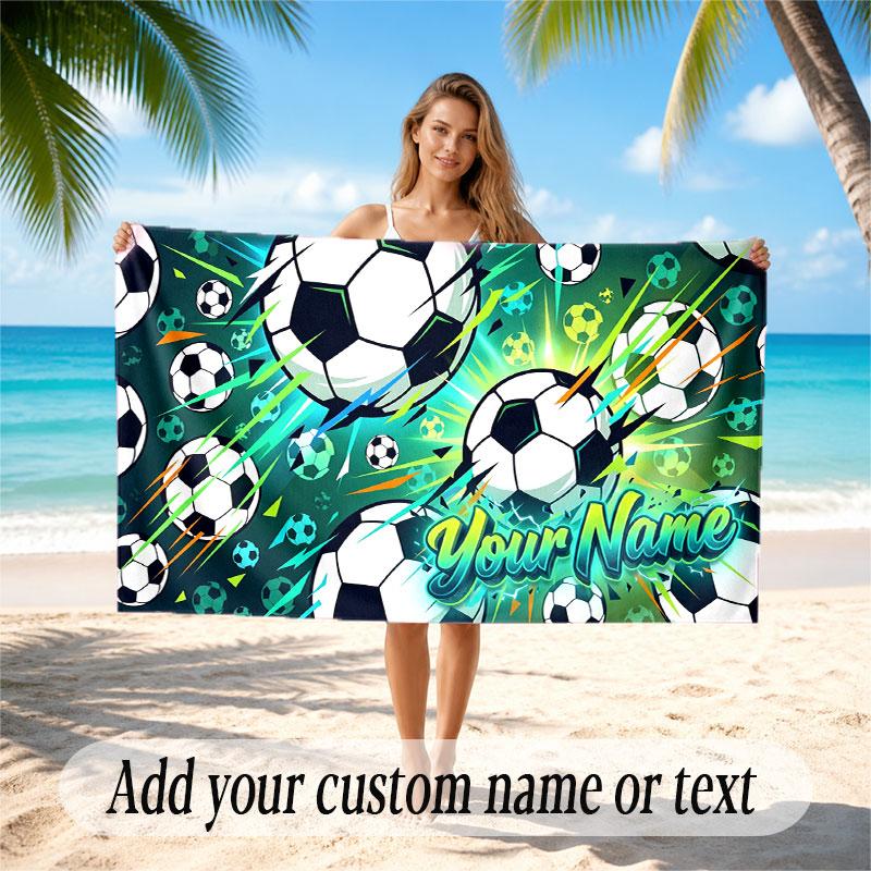 Soccer Theme Beach Towel Personalized Custom Name & Text Soft Quick Dry Beach Towel for Swimming Travel