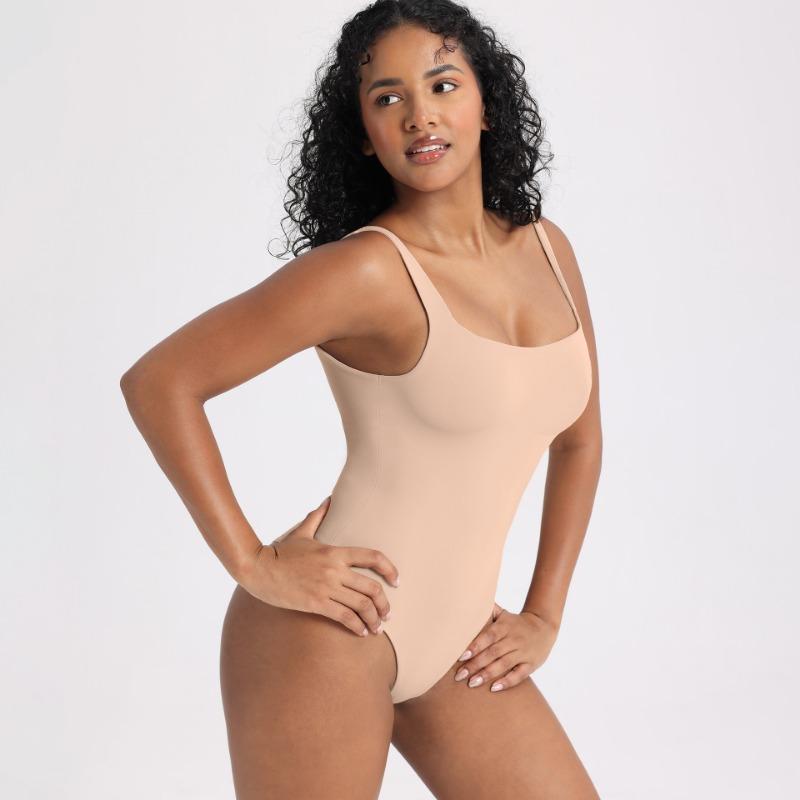 Women High Waist Double Layer Tummy Control U Back Solid Bodysuit