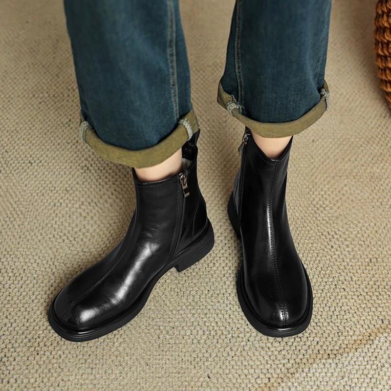 Fashion NEW Winter Women Boots Round Toe Chunky Heel Shoes Split Leather Shoes for Women Concise Warm Plush Ankle Boots Zip Modern Boots