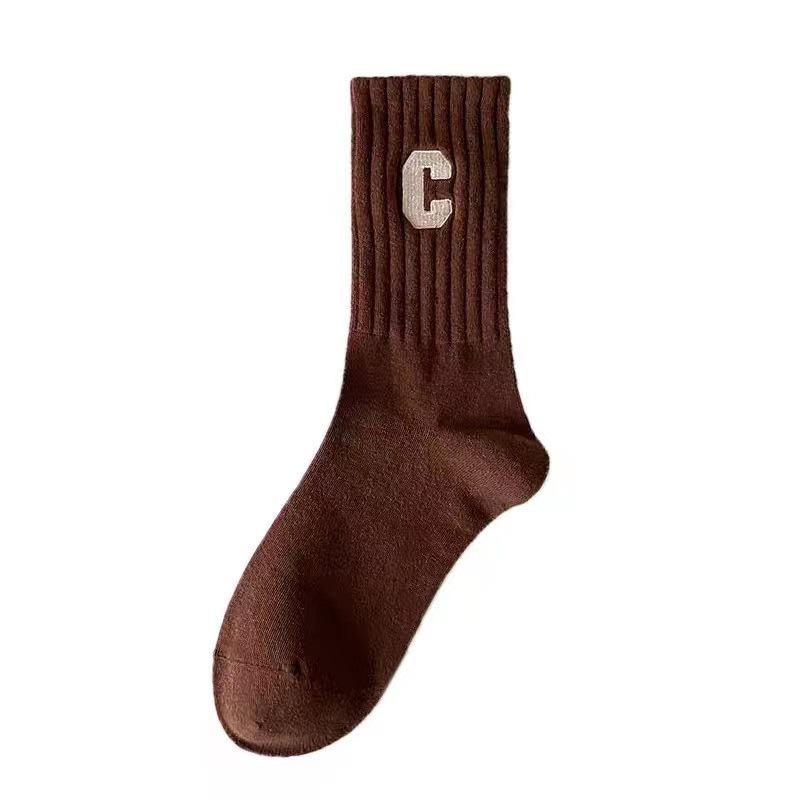 Meilade Women's Embroidered Letter Cotton Mid-Calf Socks with Vertical Stripes and Elastic Fit