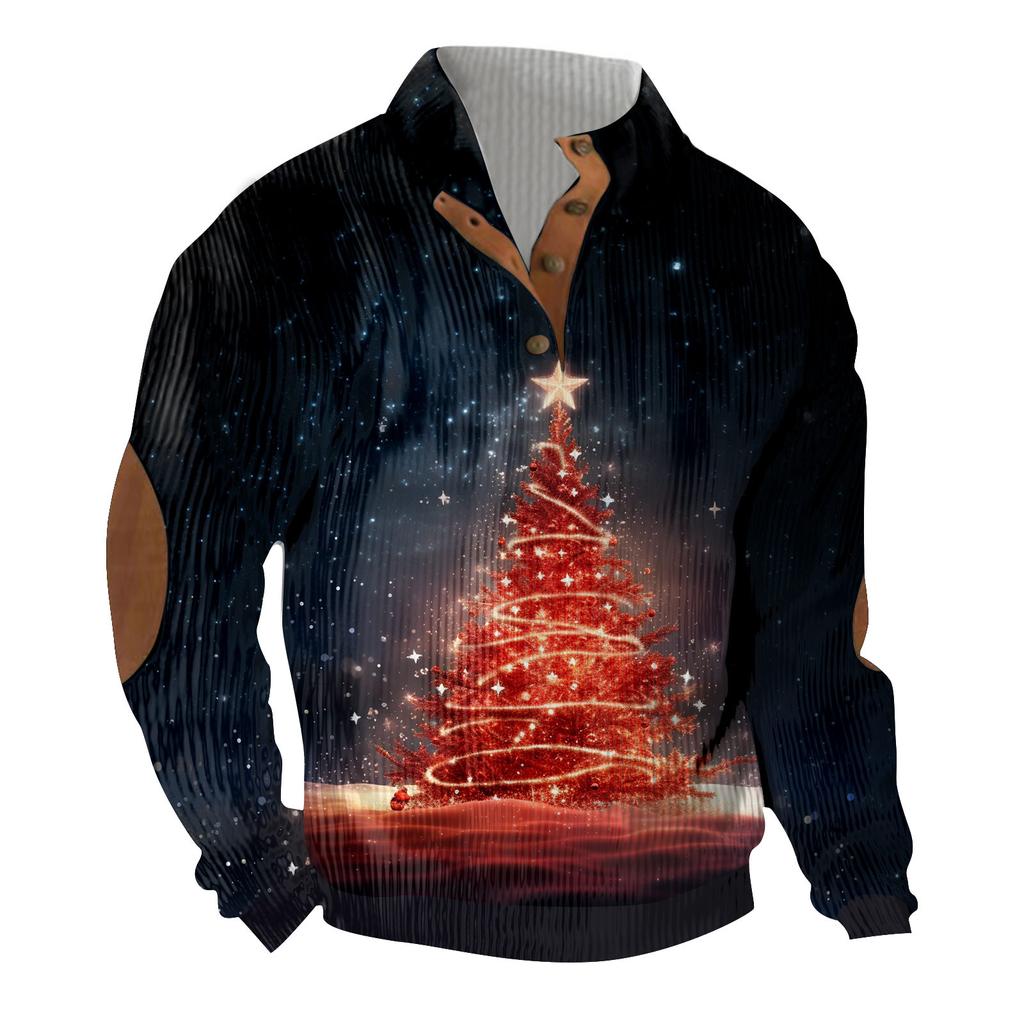Christmas Print 3-button - Men's Stand Up Collar Sweatshirt, Outdoor Casual Hoodie With Buckle