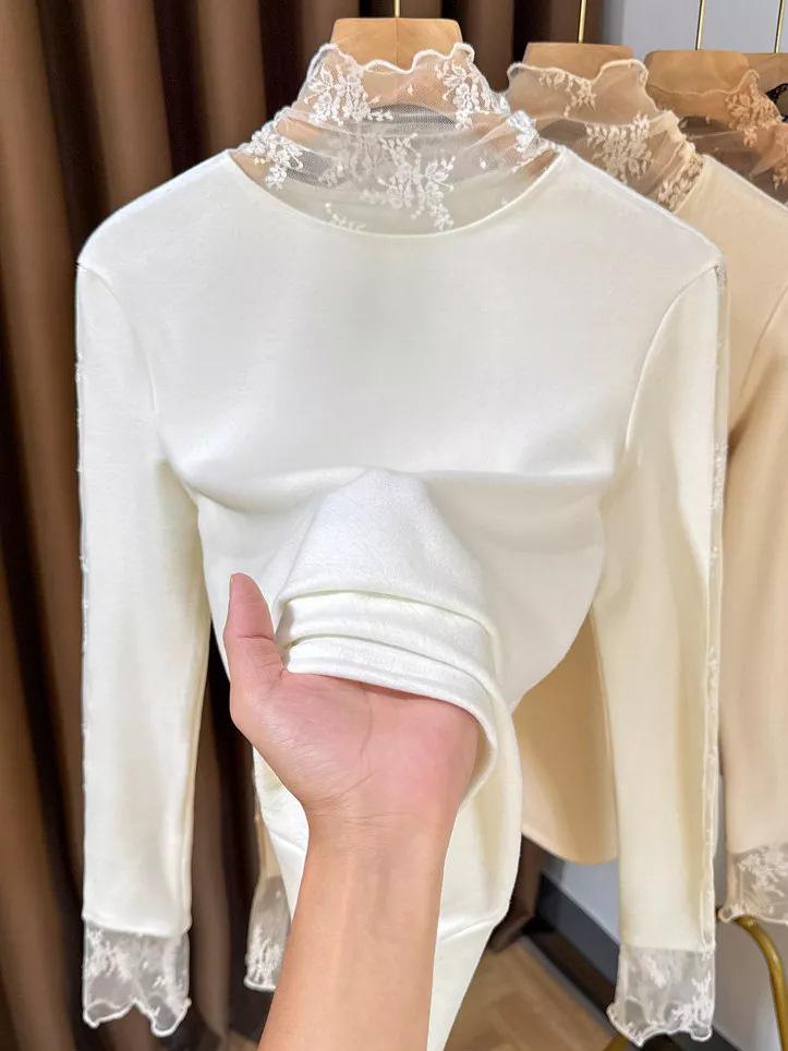 Women's Slim-Fit Brushed Lace Turtleneck Base Layer - Warm Autumn/Winter Inner Shirt