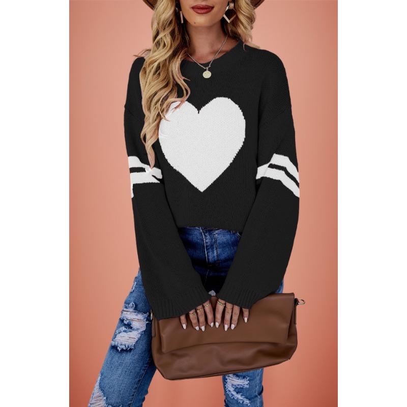 Autumn and Winter Women's Temu Hot-selling Sweaters Contrasting Colors Love Peach Crew Neck Knitted Sweater Valentine's Day