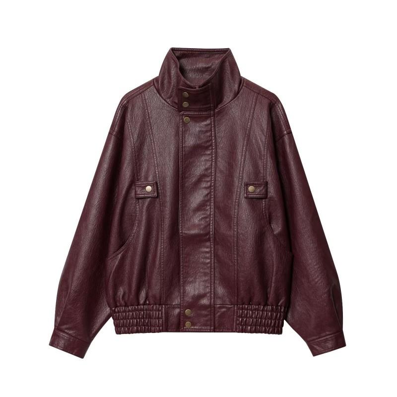 Womens Oversized Washed Faux Leather Biker