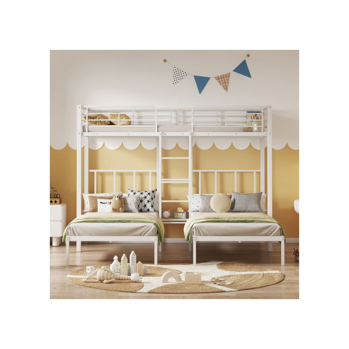 Lit Superposé Triple - MUVOE - 90x200cm - Métal Blanc - 3 Places - Échelle Sécurisée