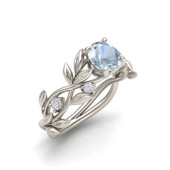 European Princess Olive Leaf Engagement Ring with Blue Zircon and Diamonds