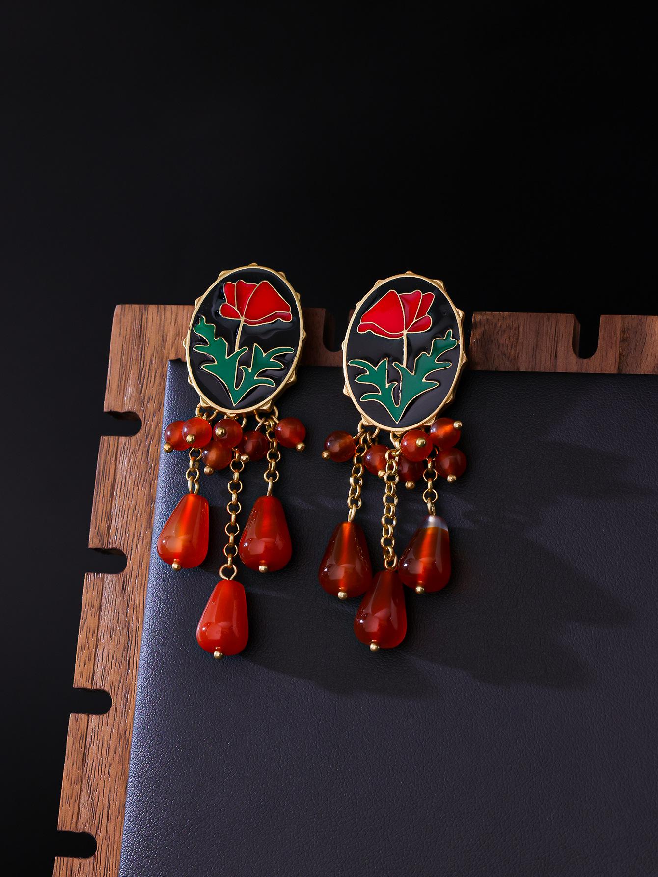 

Vintage Enamel Flower Stud Earrings with Elegant Natural Stone Tassels