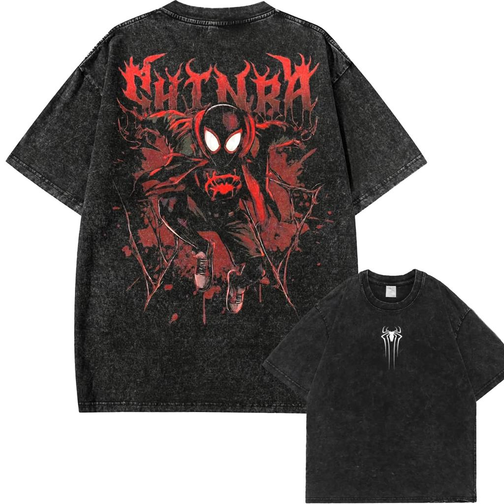 Anime Spider-Man Graphic Print T-Shirt Men Women Vintage Washed Cotton Summer New Tee Streetwear Y2K Harajuku Fashion Oversized Top
