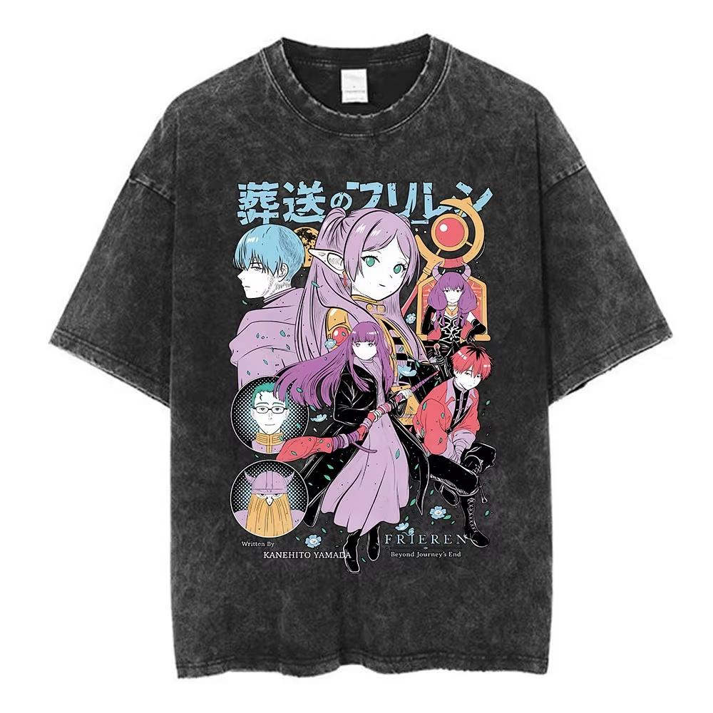 2026 Hot Sale Anime Frieren Beyond Journey s End Frieren Washed Vintage T-shirt Men s Women Fashion Short Sleeve Cotton Casual T Shirts Short Sleeve L