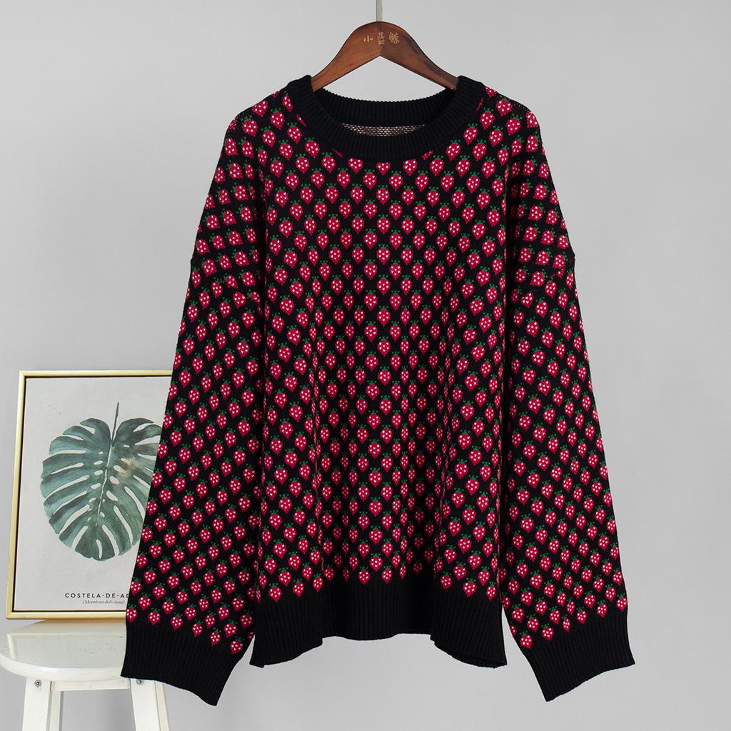 Strawberry Jacquard Sweater Women 2026 Fall Winter New Crew Neck Pullover Knit Top Loose Print