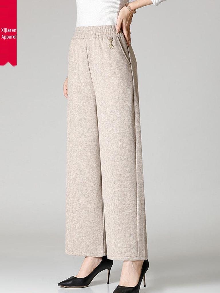 Extra-Size Women's Plus Velvet Wide-Leg Pants for Autumn and Winter, Middle-Aged and Elderly