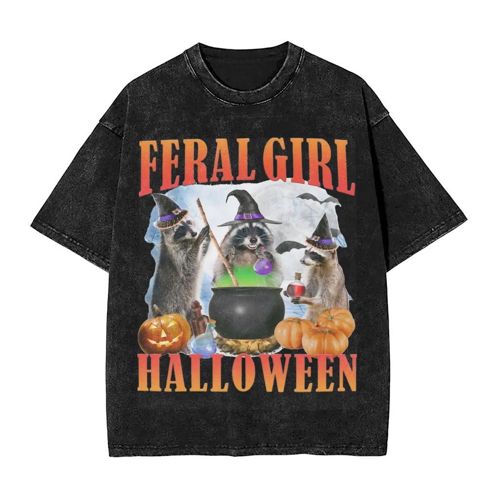 Men Women Harajuku Washed T-shirts Feral Girl Halloween Funny Halloween Raccoon Meme Print T Shirt Merch Oversize Tee Shirt