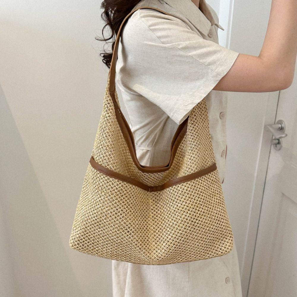 Large Capacity Straw Shoulder Bag with Pocket Underarm Tote Bag Trendy Woven Handbag  Outdoor