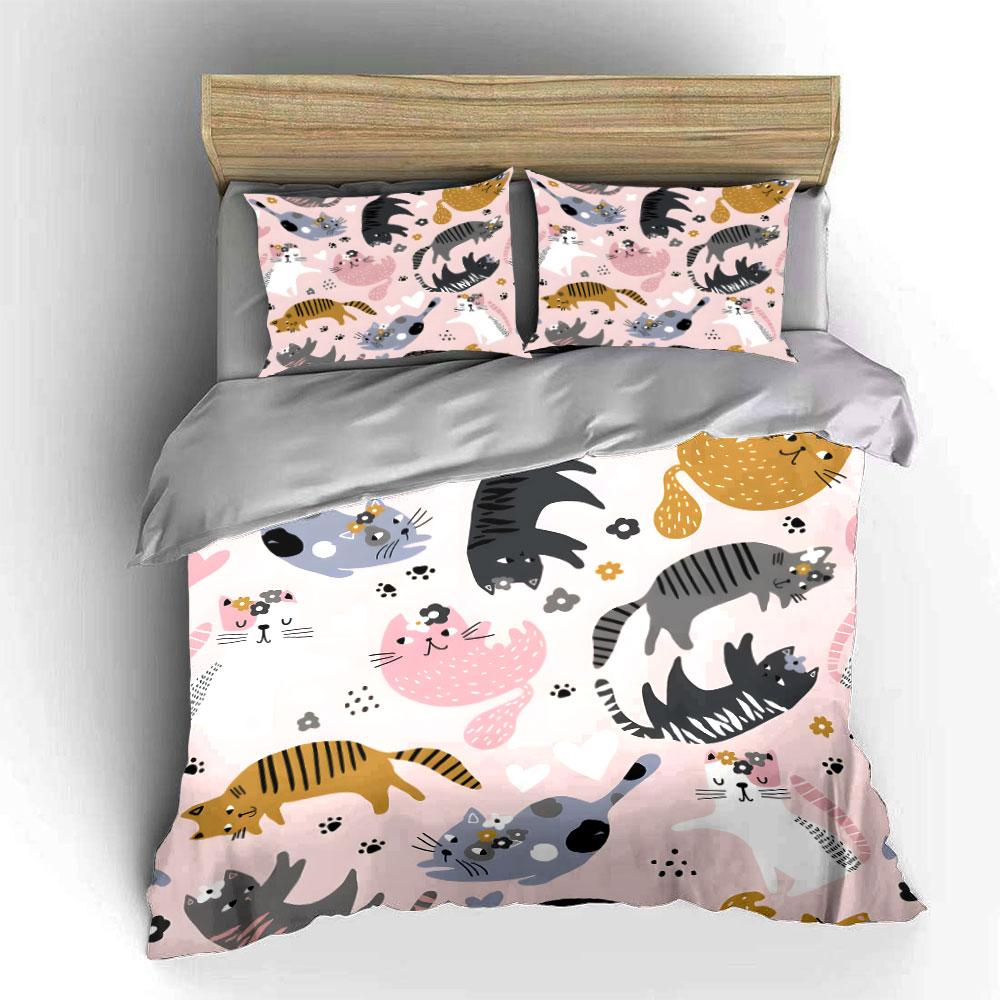 Cute Cartoon Cats Pink Print Bedding Duvet Cover Set (1*Duvet Cover 2*Pillowcases, Without Duvet Insert)