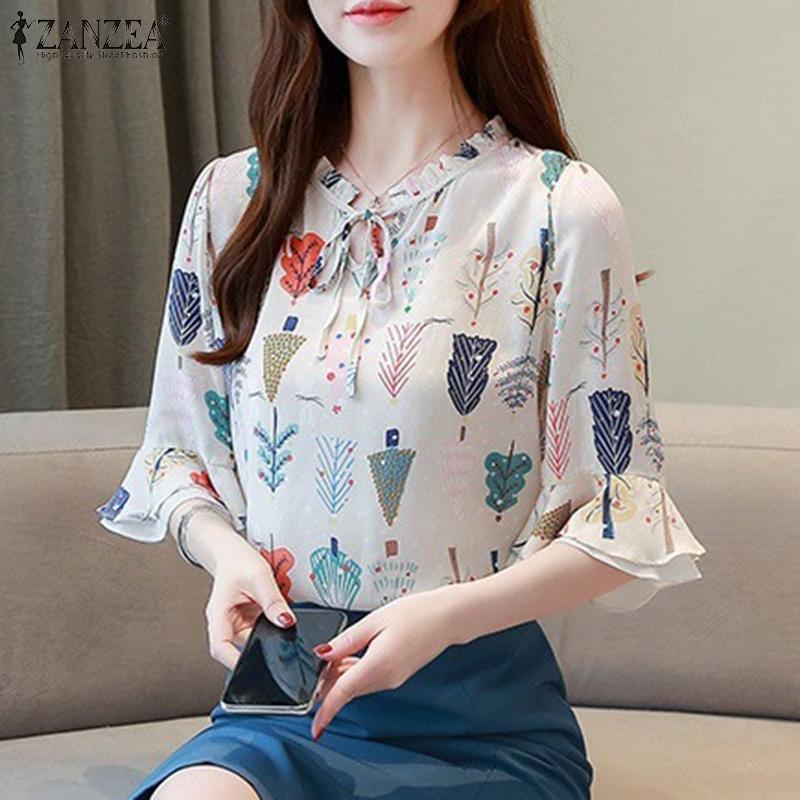 

ZANZEA Женская повседневная летняя блузка с v-образным вырезом и расклешенными рукавами с принтом