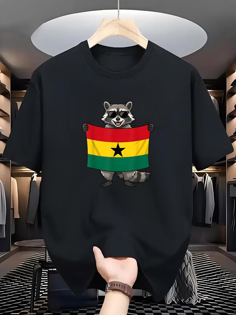 Unisex White Crew Neck Tee Cool Raccoon With Sunglasses Hold Ghana National Flag Cartoon Patriotic Animal Soft Cotton Male Tops