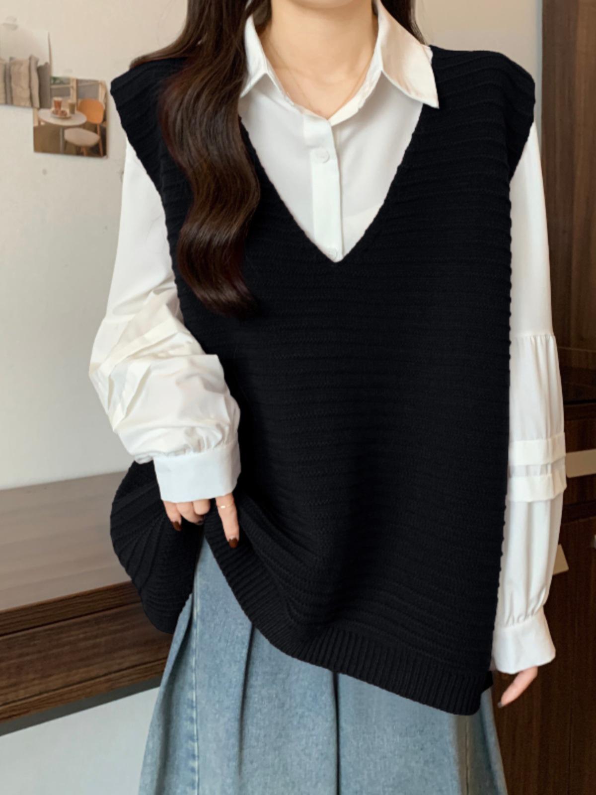 

Design Sense Women s V-Neck Knitted Vest: Loose, Plus Size, Striped, Sleeveless Sweater for Autumn and Spring Layering. One Size [80-120] чорний