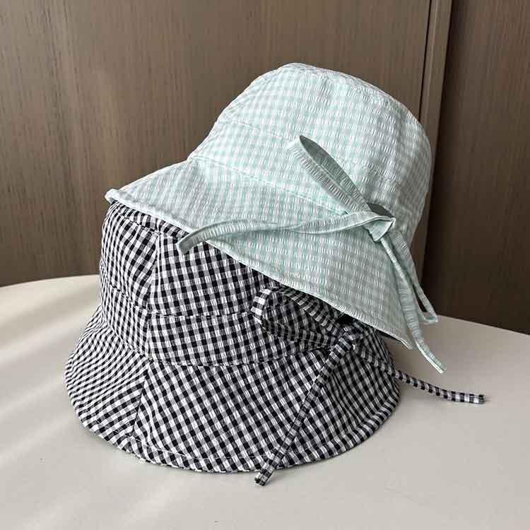 New ins small plaid bucket hat women's spring summer thin versatile bow basin hat breathable sunshade sunscreen hat