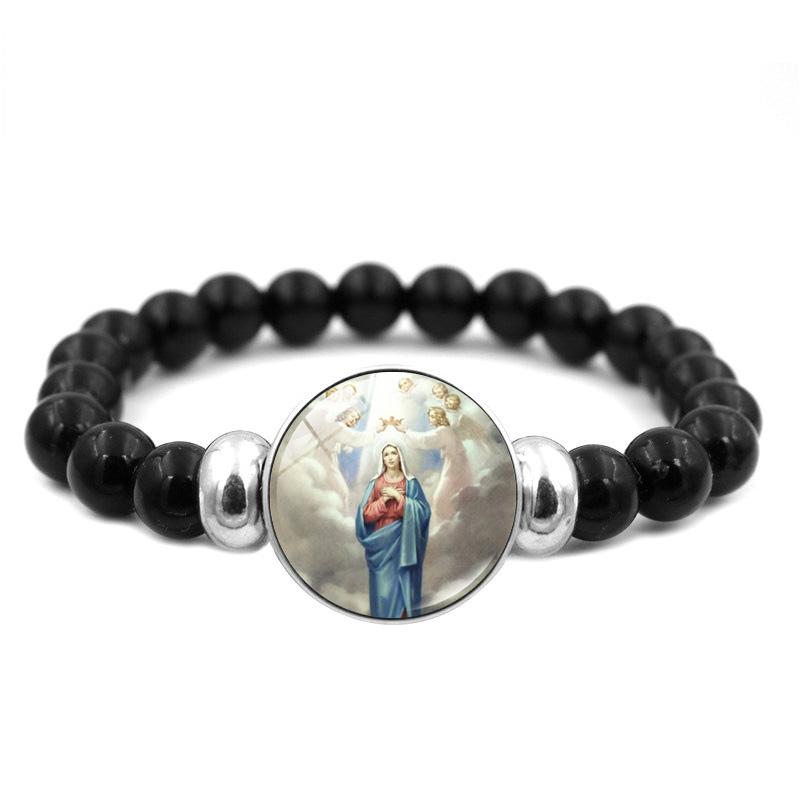 Christliches Jesus-Armband mit schwarzen Perlen, elastischer Schmuck, Jungfrau Maria, Glas-Druckknopf-Armbänder für Männer und Frauen, katholische Geschenke