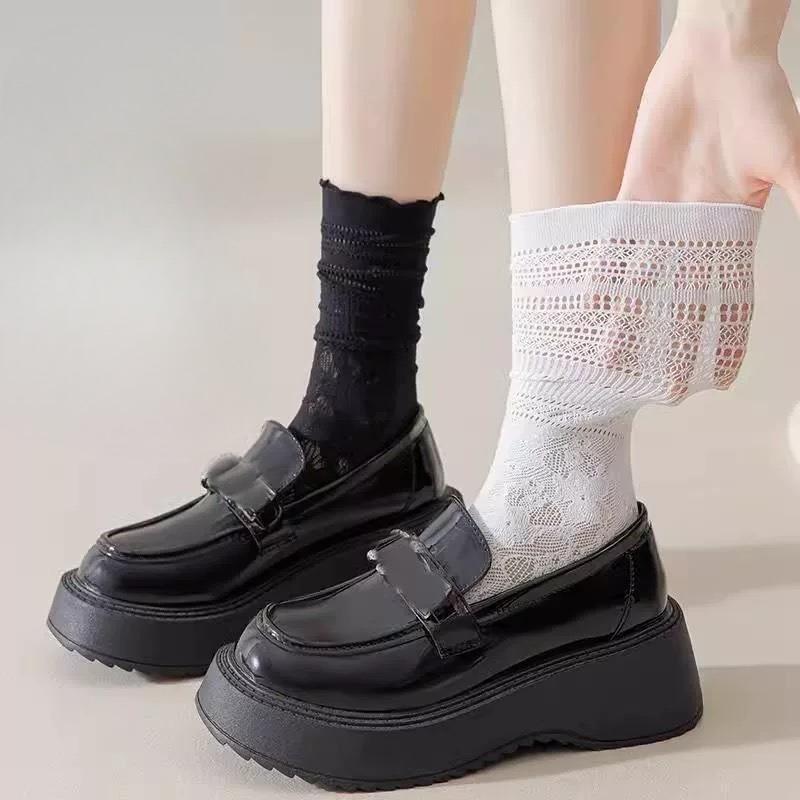 White Socks for Women, Black Ear-trimmed Pile Socks, Thin Lace Lace Mid-calf Socks, Versatile for Spring and Summer, Mesh Breathable Women's Socks