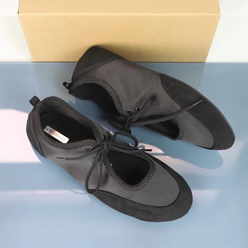 Fashion Black Lace-Up Women's Ballet Flats Comfortable Soft Satin Fabric Round Toe Ladies Autumn Shoes Brand Leisure Female Footwear