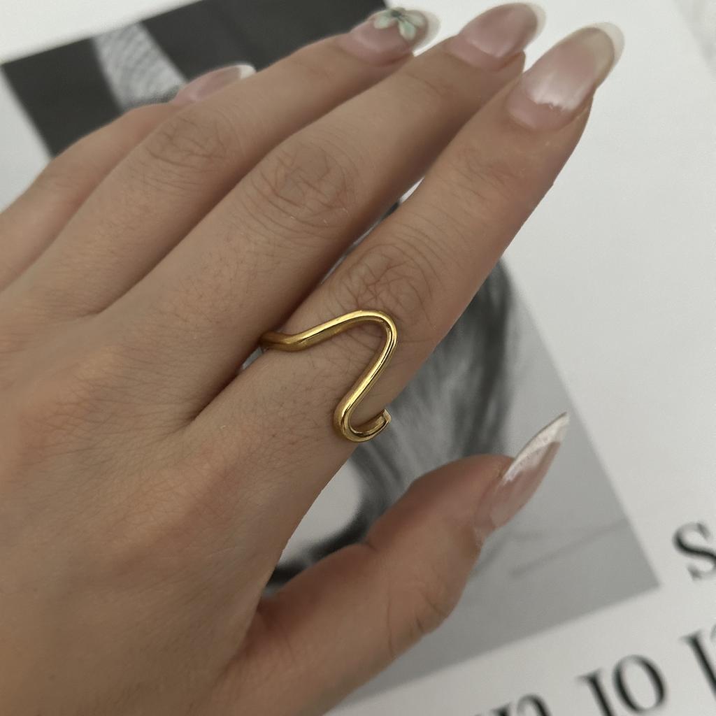 Gold Plated Stainless Steel Geometric Symmetry Line Open Ring for Women Men Line Texture Ring Charms Waterproof Jewelry Gift