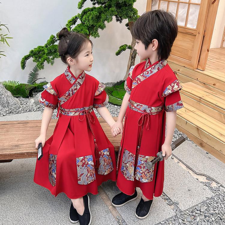 Boys' Summer Tang Suit: Short Sleeve Hanfu Long Shirt, Chinese Style Knight Robe for Kids