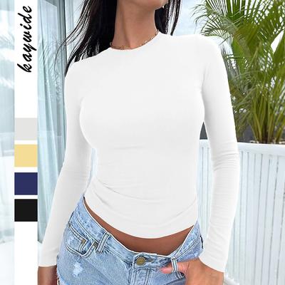 Ladies Spring Autumn Long Sleeve O Neck Solid Color Slim Fit Pullover Bare Midriff T Shirt Top