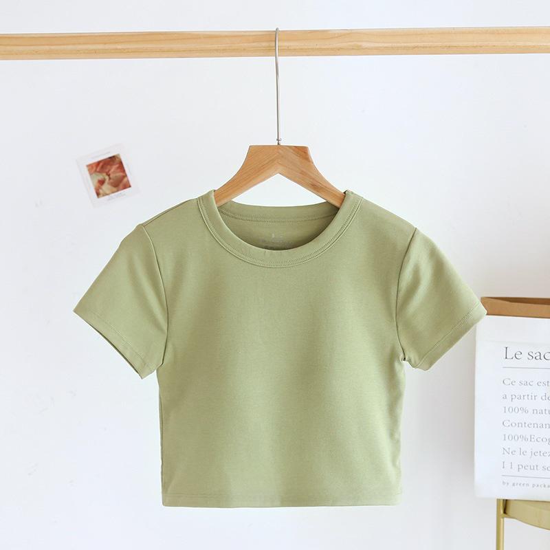 Women's Short-Sleeve Cotton Crop Top with Chest Pads, Round Neck, Summer Wear