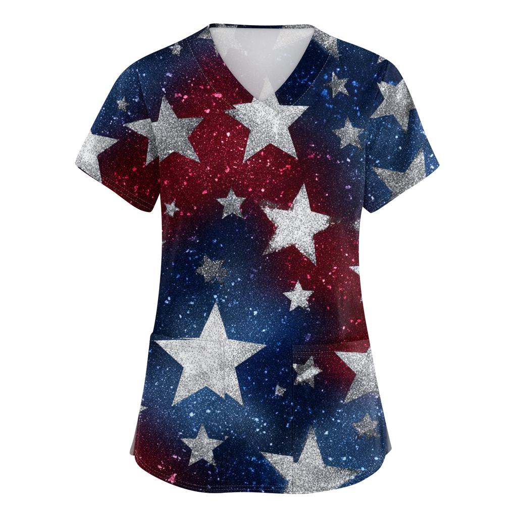 Women's V-neck Independence Day print short-sleeved pocket side-opening protective work shirt