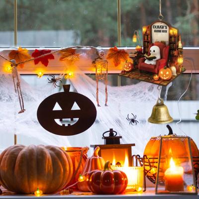 Ghost Reading Book Halloween Ornament 2D Flat Ghost In Reading Nook Hanging Decoration with Bell Window Hanging Wind Chime for Home Decor